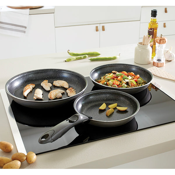 Batterie poêles anti-adhérentes Effet Pierre manche amovible et 2 éponges végétales Mathon - Mathon - 4