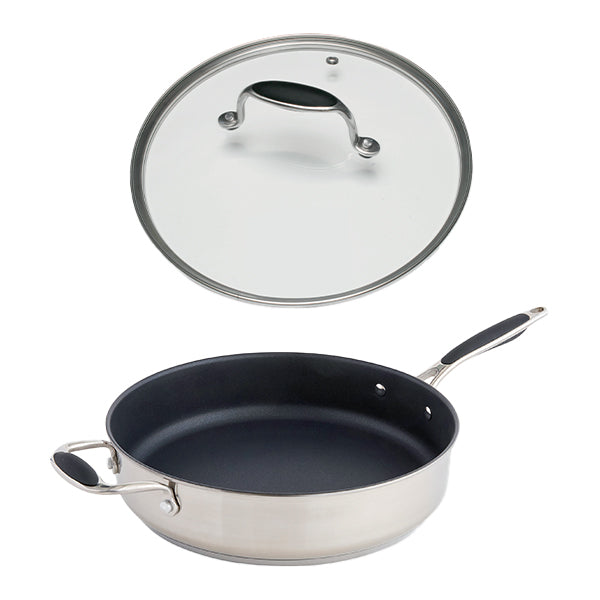 Lot sauteuse antiadhérente inox avec contre-poignée et couvercle en verre Excell’Inox 28 cm Mathon - Mathon - 1