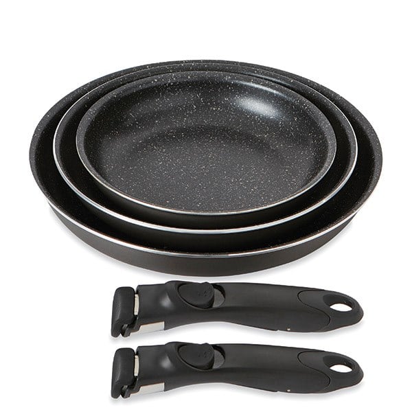 Lot 3 poêles anti-adhésives Effet Pierre et 2 manches amovibles Mathon - Mathon - 1