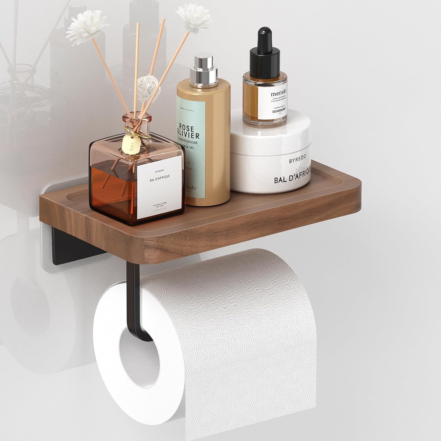 Porte-papier toilette en noyer avec étagère moderne Vendos85 - Mathon