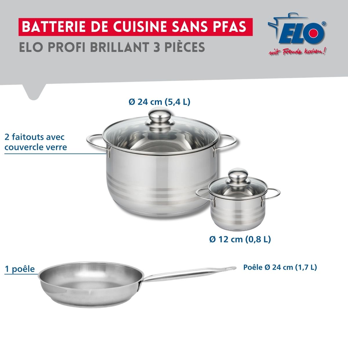 Ensemble de 1 Poêle de cuisson 24 cm et 2 faitouts 12 et 24 cm  Profi Brillant Elo - Mathon - 2