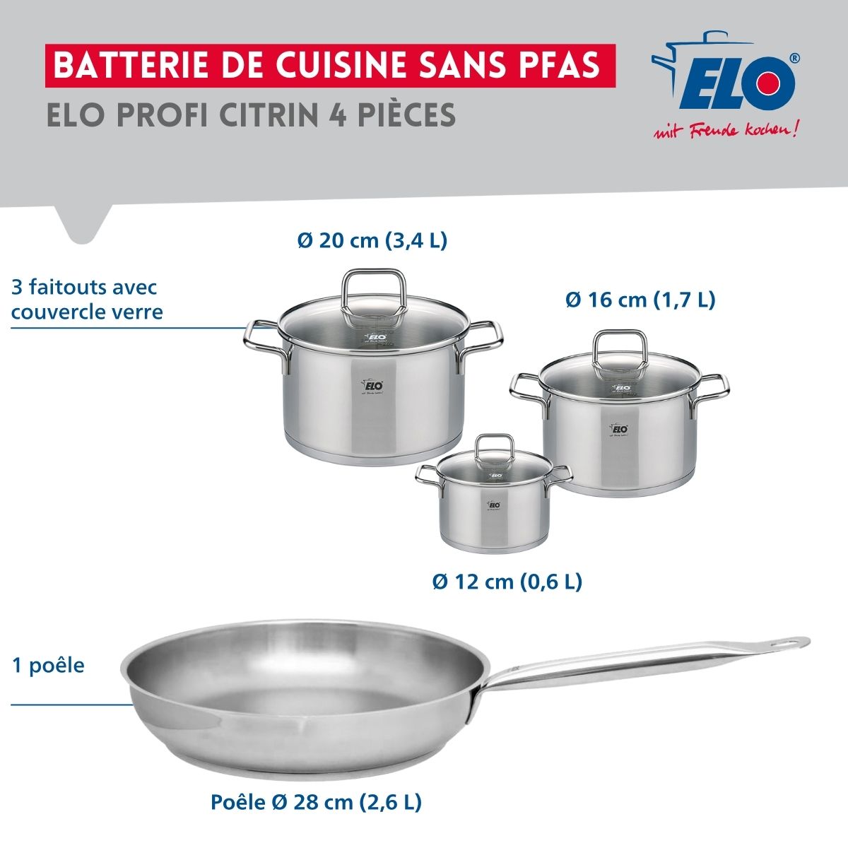Ensemble de 1 Poêle de cuisson 28 cm et 3 faitouts 12, 16 et 20 cm  Profi Citrin Elo - Mathon - 2