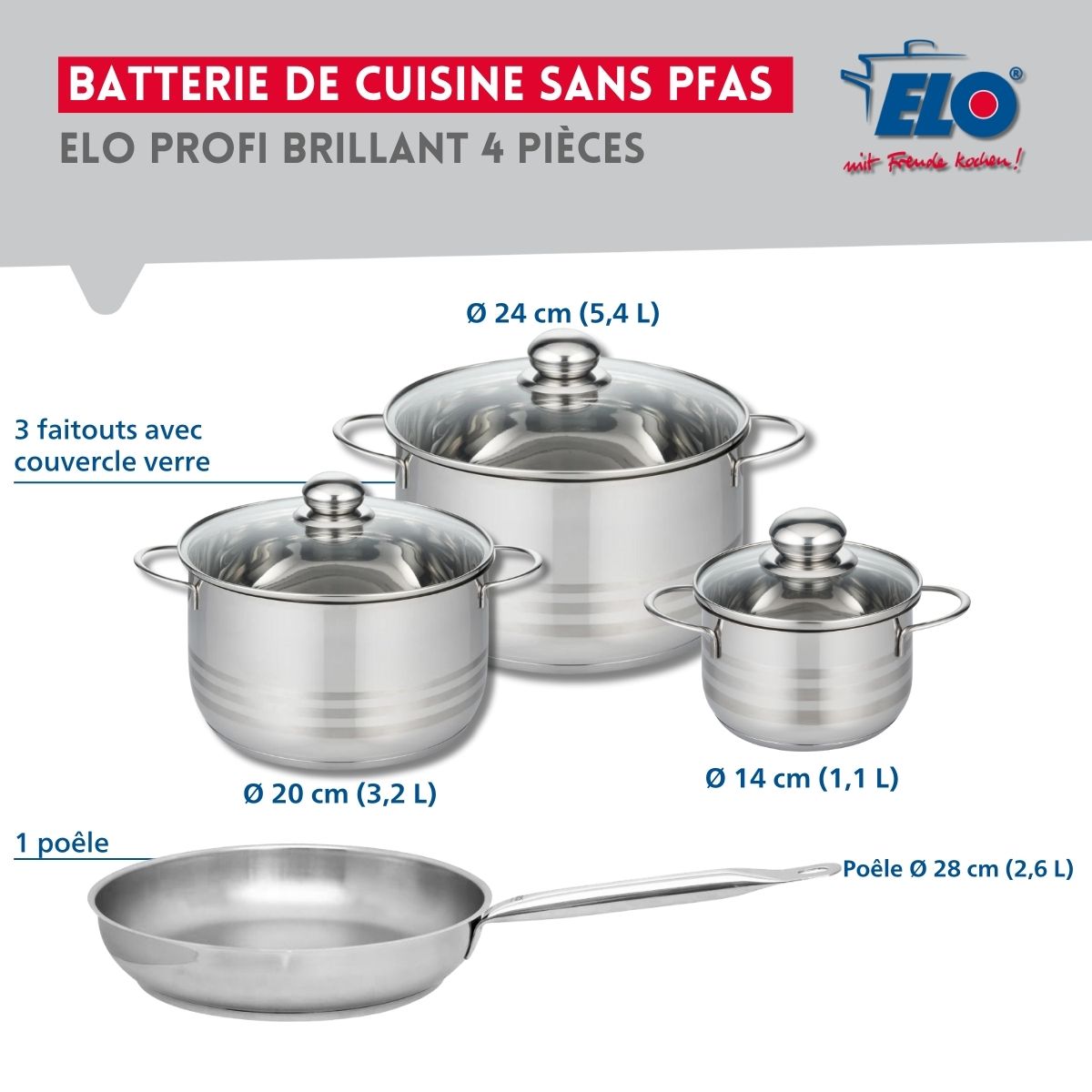 Ensemble de 1 Poêle de cuisson 28 cm et 3 faitouts 14, 20 et 24 cm  Profi Brillant Elo - Mathon - 2