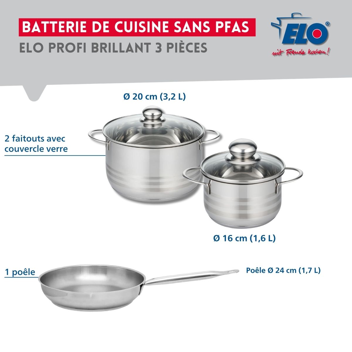 Ensemble de 1 Poêle de cuisson 24 cm et 2 faitouts 16 et 20 cm  Profi Brillant Elo - Mathon - 2