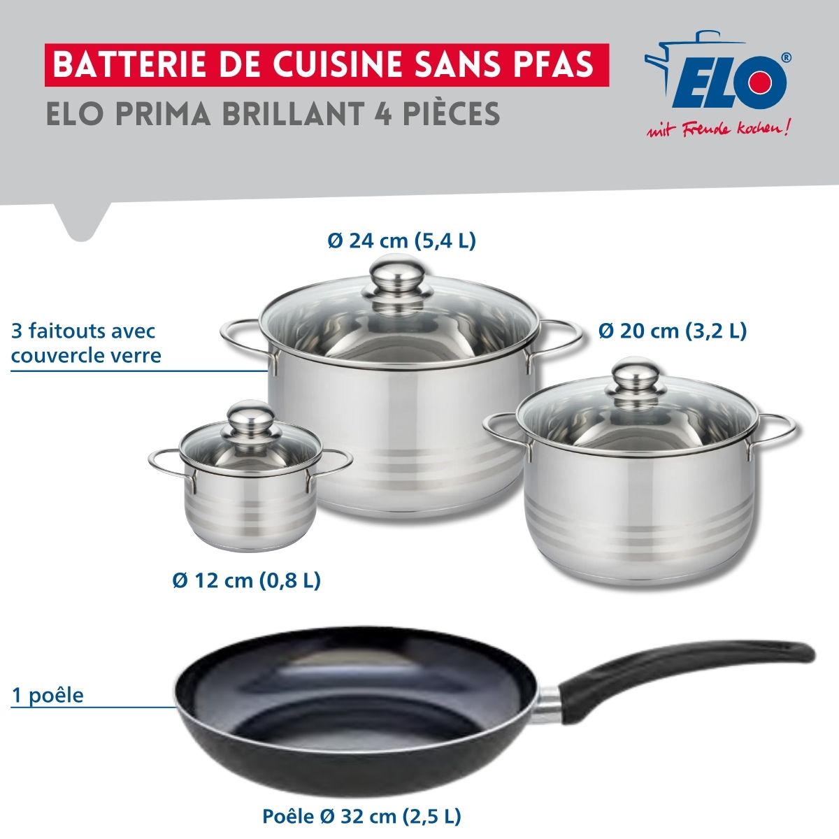 Ensemble de 1 Poêle de cuisson 32 cm et 3 faitouts 12, 20 et 24 cm  Prima Brillant Elo - Mathon - 2