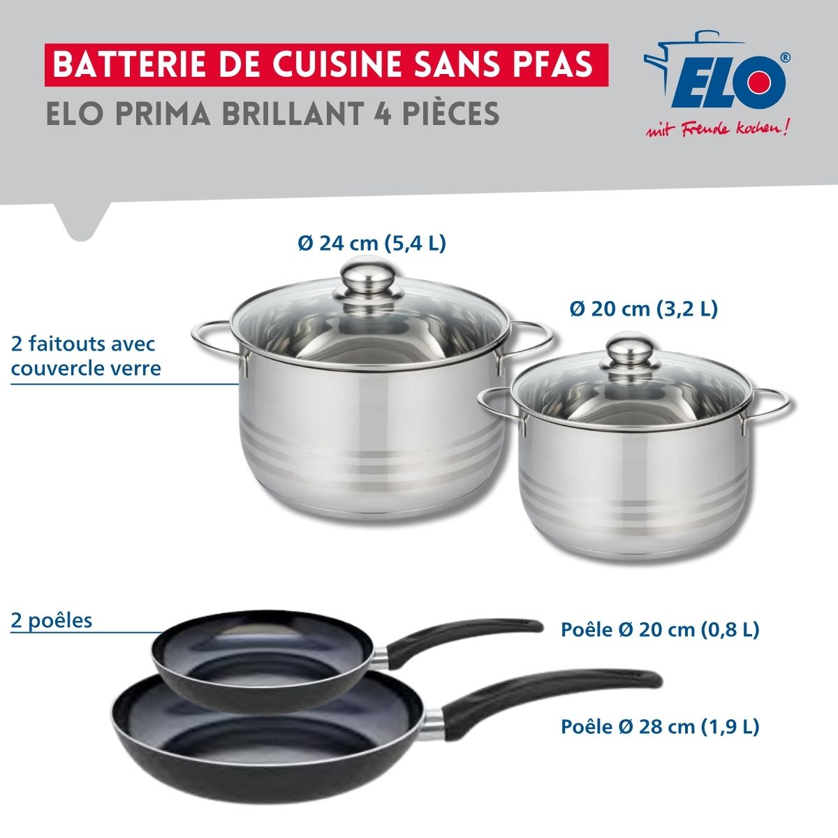 Ensemble de 2 Poêles de cuisson 20 et 28 cm et 2 faitouts 20 et 24 cm  Prima Brillant Elo - Mathon - 2