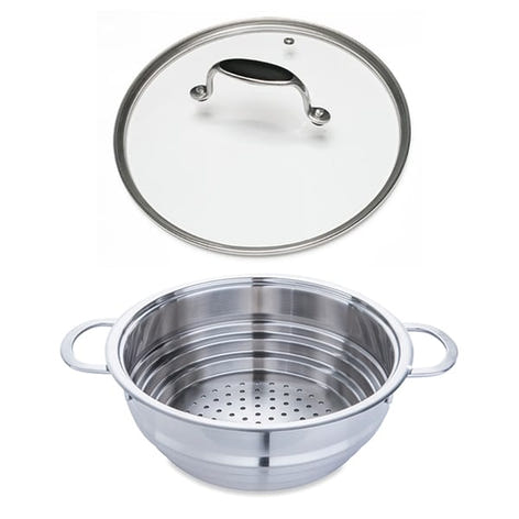 Lot panier vapeur multidiamètre et couvercle en verre Excell