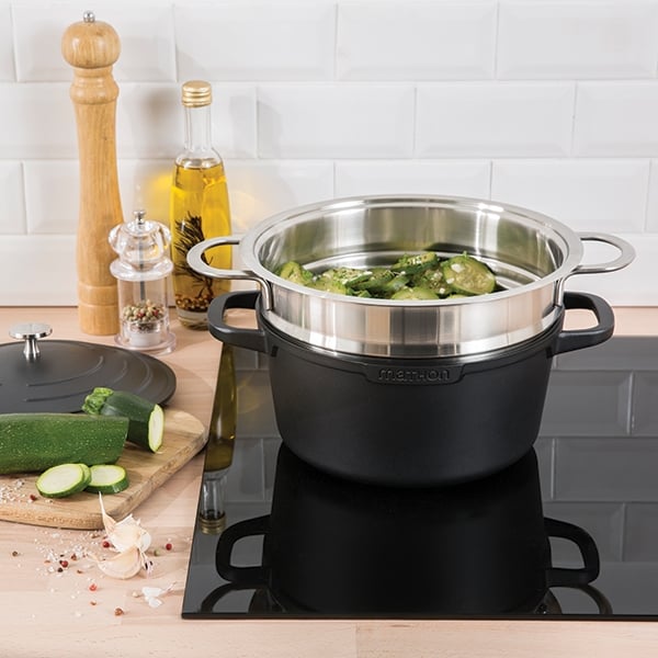 Lot panier vapeur multidiamètre et couvercle en verre Excell