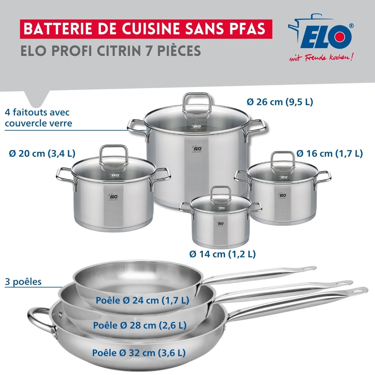 Ensemble de 3 Poêles de cuisson 24, 28 et 32 cm et 4 faitouts 14, 16, 20 et 26 cm  Profi Citrin Elo - Mathon - 2