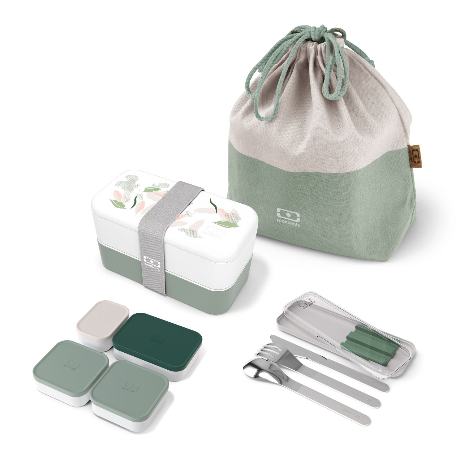 Set repas lunch box 2 étages 1L vert Leaves + accessoires Monbento - Mathon - 1