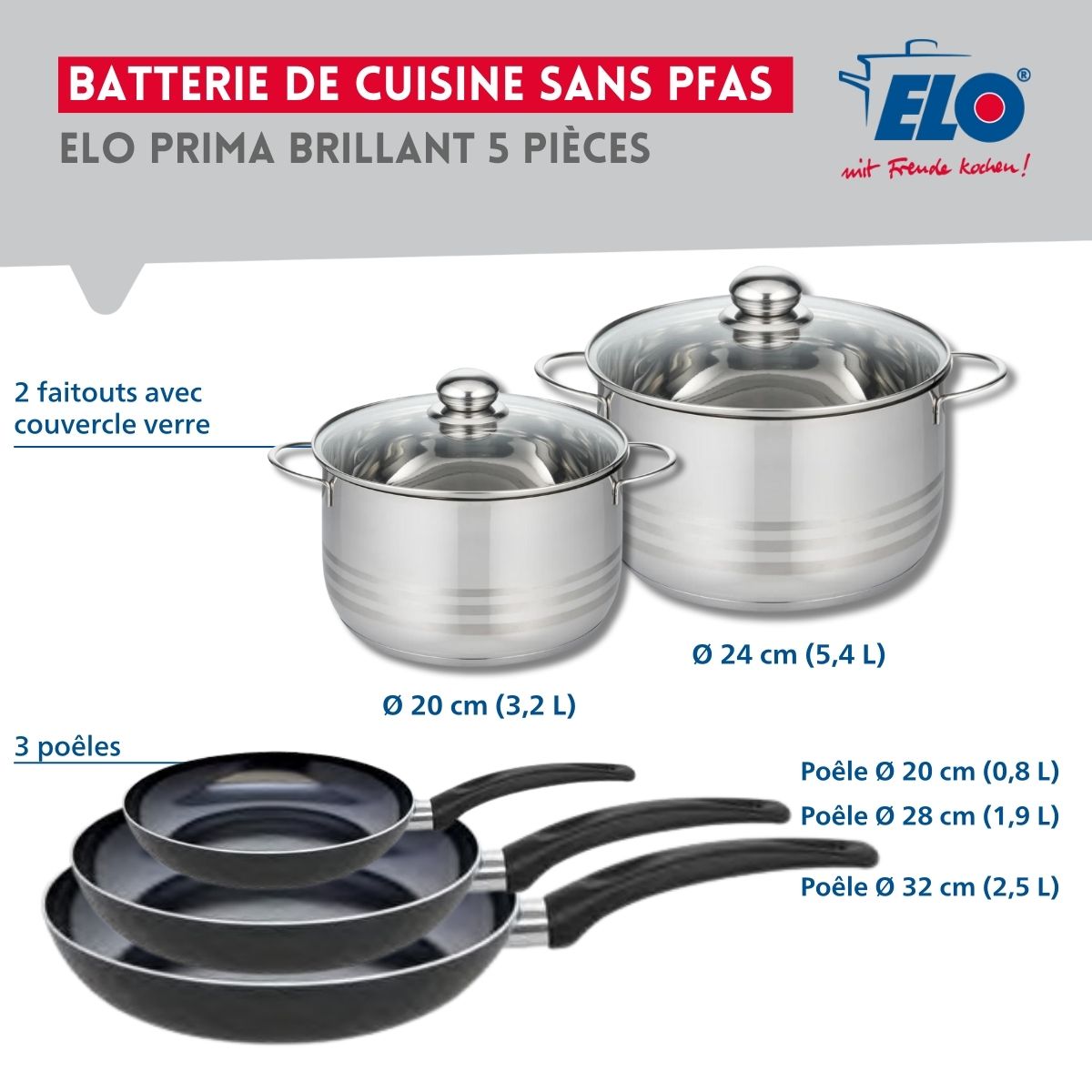 Ensemble de 3 Poêles de cuisson 20, 28 et 32 cm et 2 faitouts 20 et 24 cm  Prima Brillant Elo - Mathon - 2