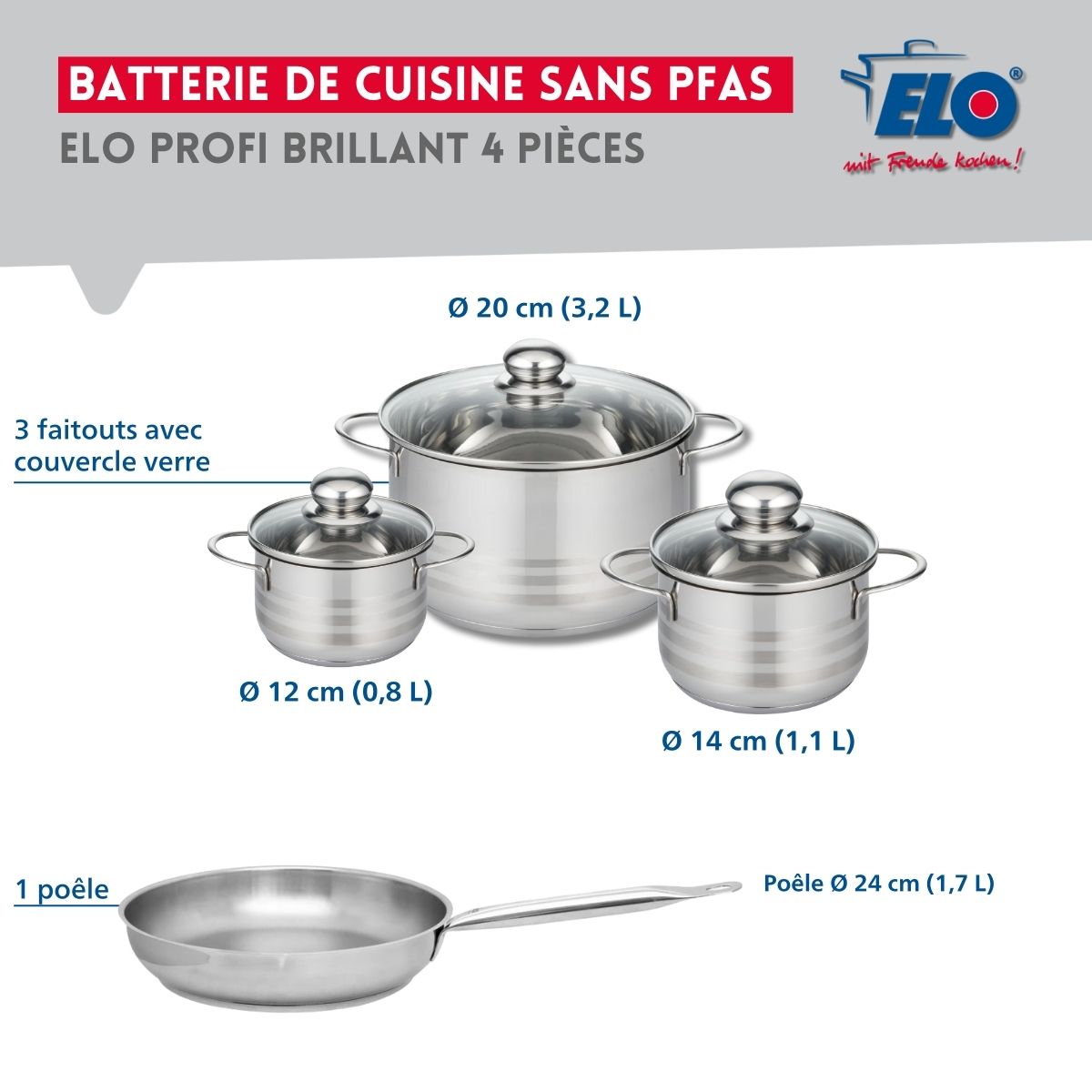 Ensemble de 1 Poêle de cuisson 24 cm et 3 faitouts 12, 14 et 20 cm  Profi Brillant Elo - Mathon - 2