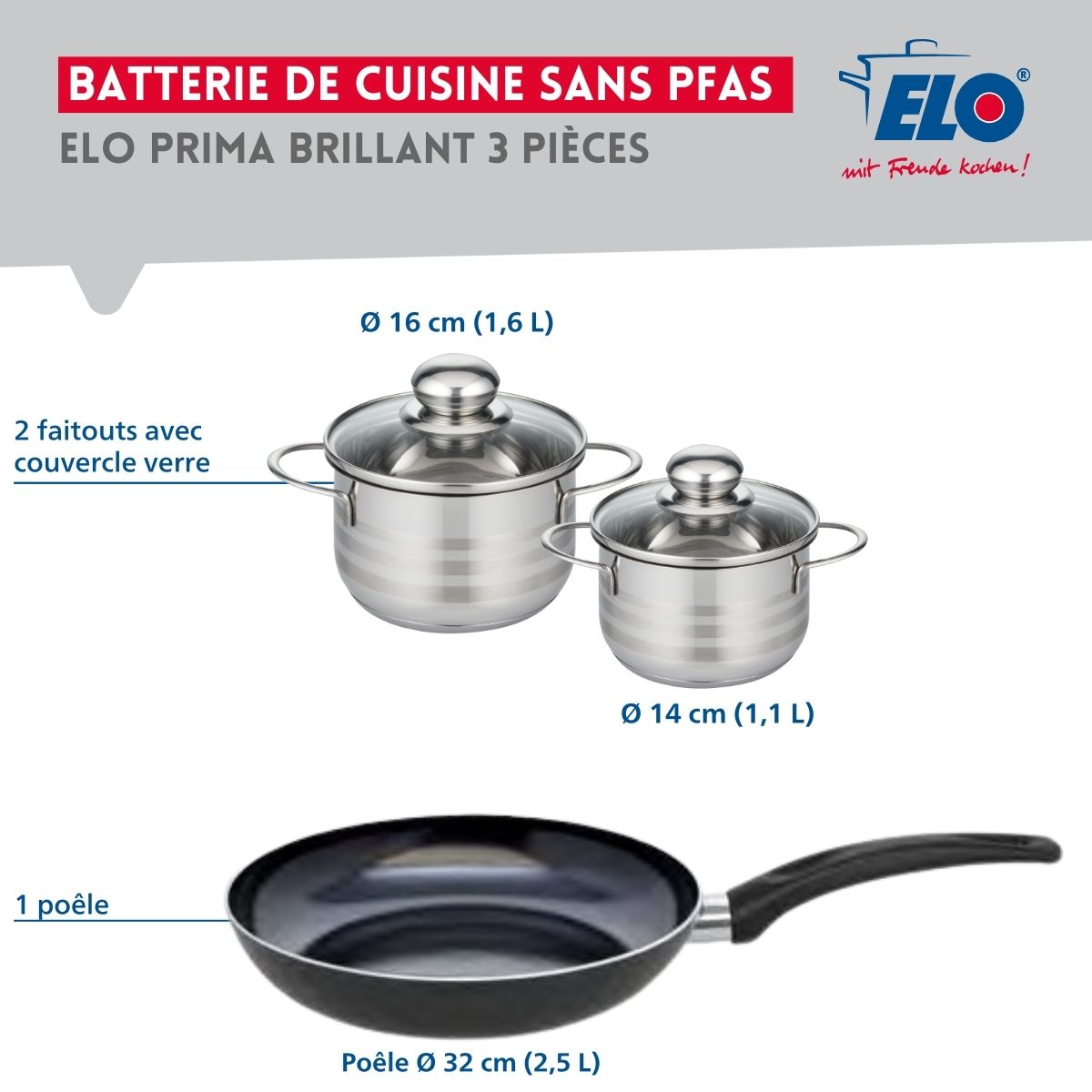 Ensemble de 1 Poêle de cuisson 32 cm et 2 faitouts 14 et 16 cm  Prima Brillant Elo - Mathon - 2