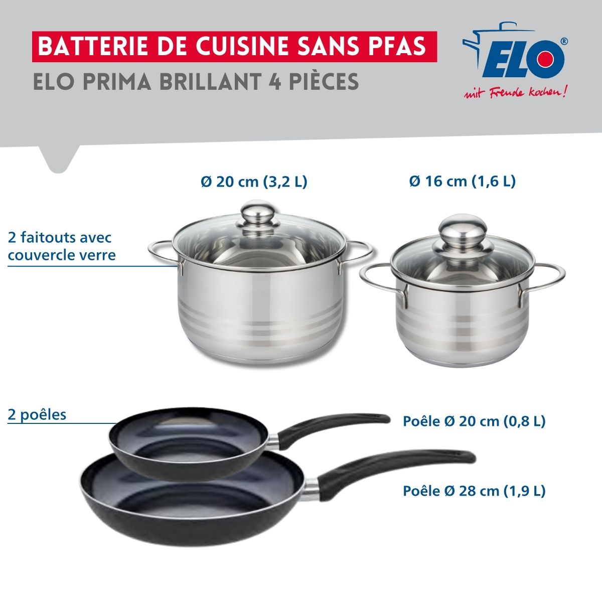 Ensemble de 2 Poêles de cuisson 20 et 28 cm et 2 faitouts 16 et 20 cm  Prima Brillant Elo - Mathon - 2