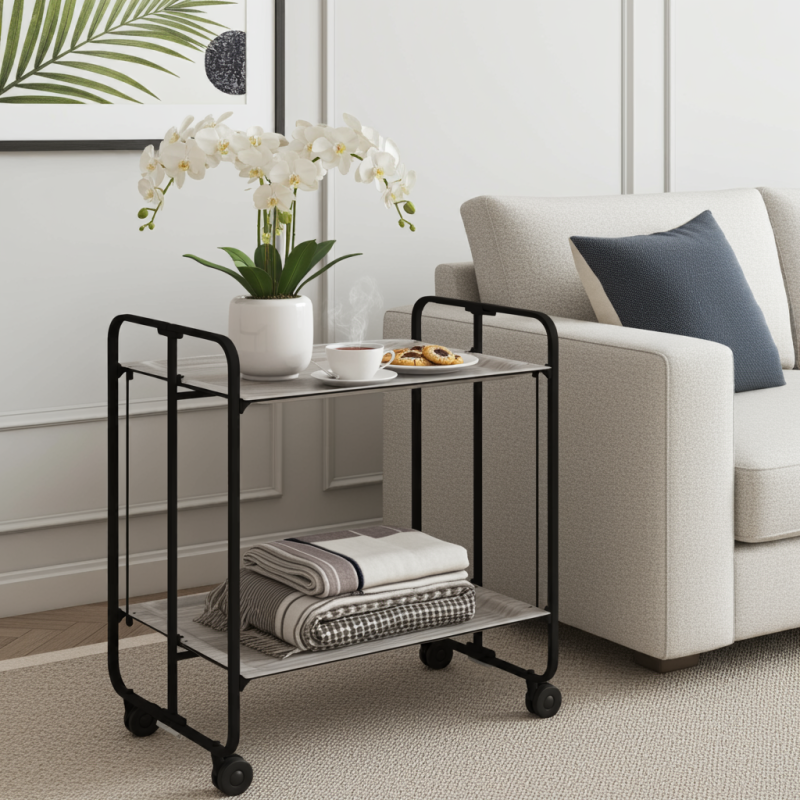 Desserte pliante 2 niveaux avec roulettes – structure noire, bauhaus Don Hierro - Mathon - 3