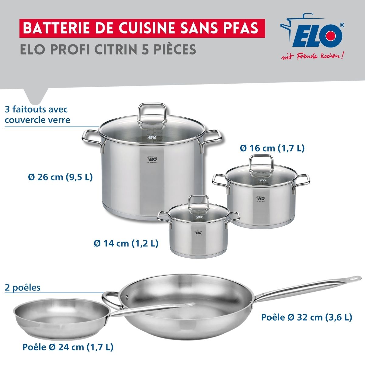 Ensemble de 2 Poêles de cuisson 24 et 32 cm et 3 faitouts 14, 16 et 26 cm  Profi Citrin Elo - Mathon - 2