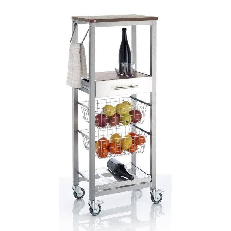 Desserte de cuisine onda alto – meuble métallique finition aluminium avec 2 paniers, tiroir, porte-bouteilles Don Hierro - Mathon - 1