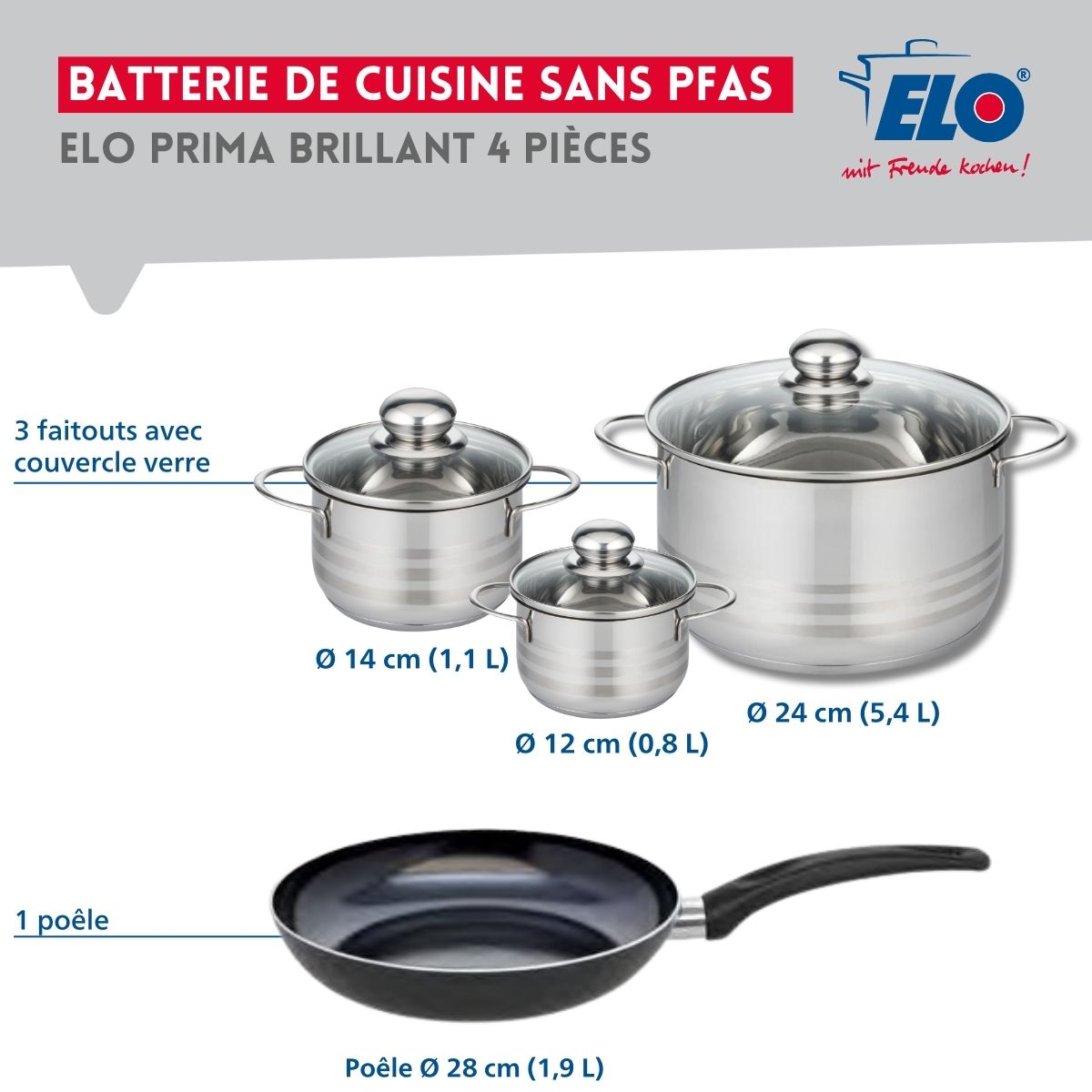 Ensemble de 1 Poêle de cuisson 28 cm et 3 faitouts 12, 14 et 24 cm  Prima Brillant Elo - Mathon - 2