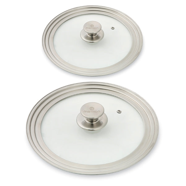Lot 2 couvercles en verre et inox multidiamètre 16,18 et 20 cm et 24, 26 et 28 cm  Mathon - Mathon - 1