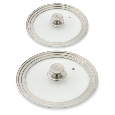 Lot 2 couvercles en verre et inox multidiamètre 16,18 et 20 cm et 24, 26 et 28 cm  Mathon - Mathon - 1