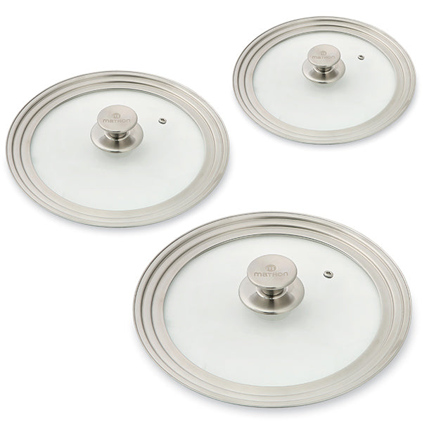 Lot 3 couvercles en verre et inox multidiamètre 16, 18, 20 cm + 24, 26, 28 cm + 28, 30 et 32 cm  Mathon - Mathon - 1