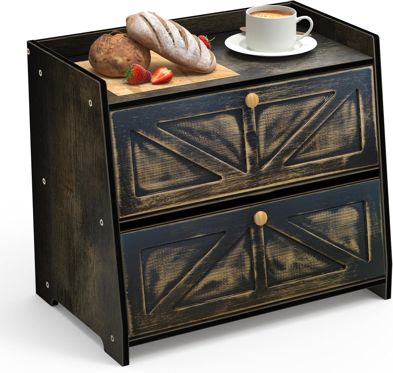 Boîte à pain en bambou à 2 étages - Pour plan de travail de cuisine 40 x 25 x 35 cm - Noir vieilli Vendos85 - Mathon