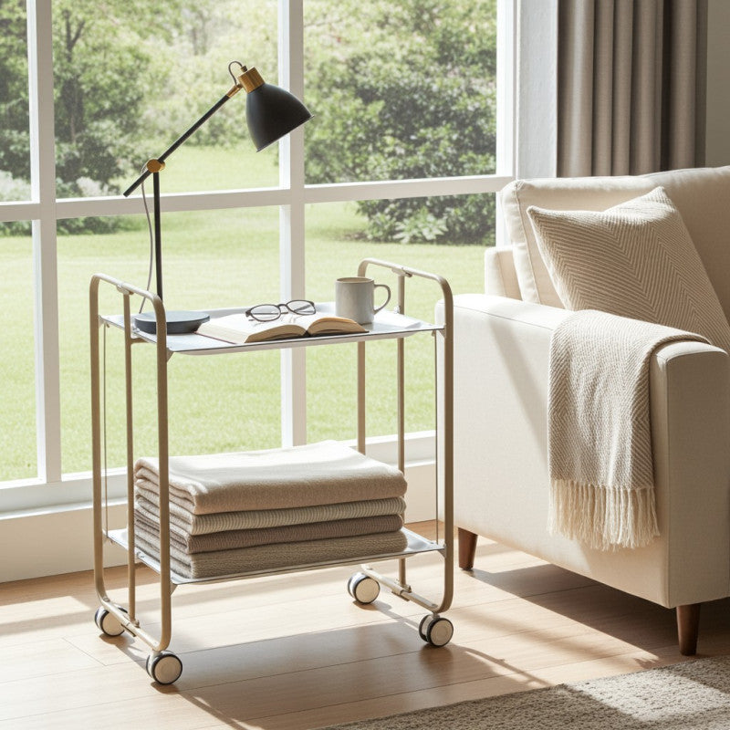 Desserte pliante 2 niveaux avec roulettes – structure couleur sable, bauhaus Don Hierro - Mathon - 3