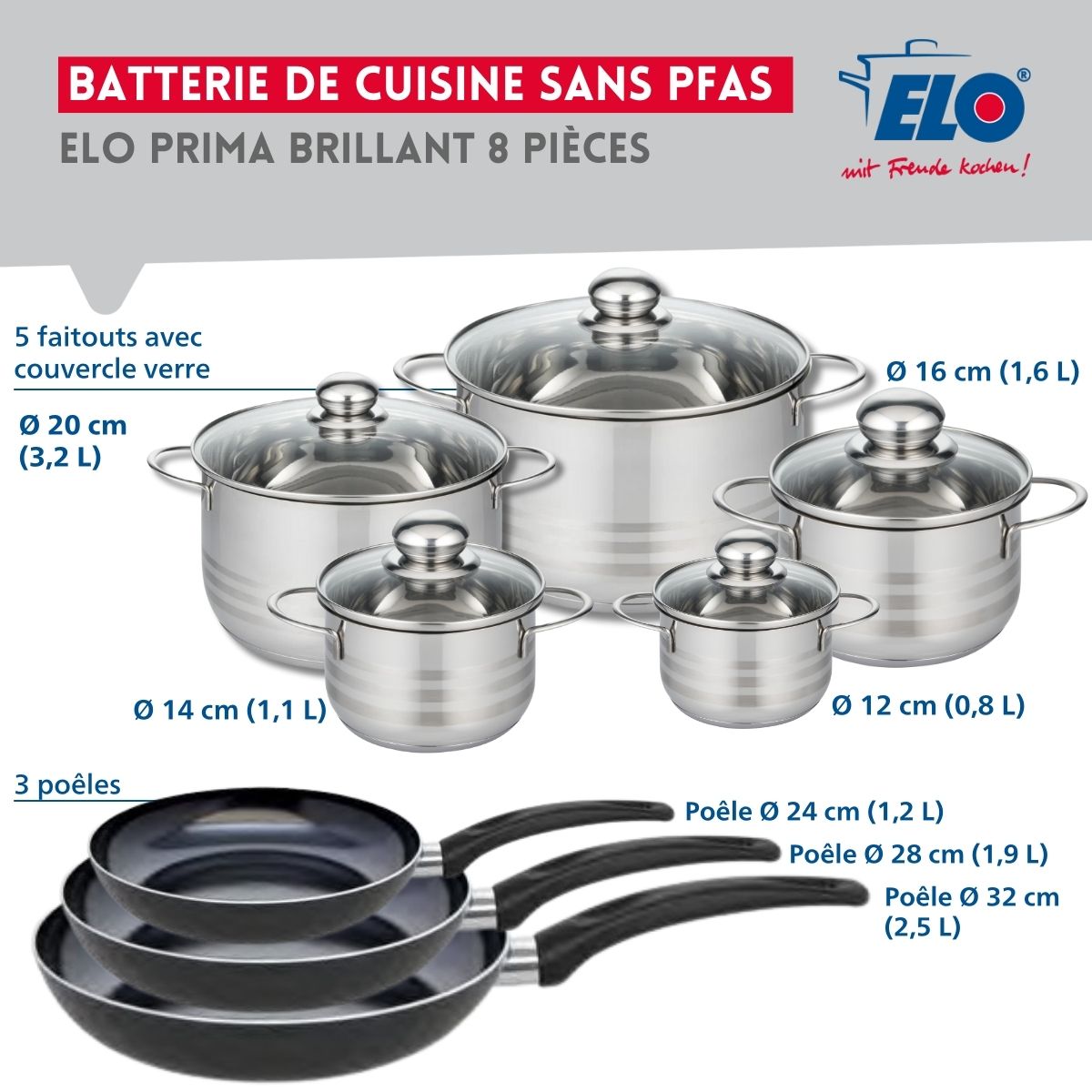 Ensemble de 3 Poêles de cuisson 24, 28 et 32 cm et 5 faitouts 12, 14, 16, 20 et 24 cm  Prima Brillant Elo - Mathon - 2