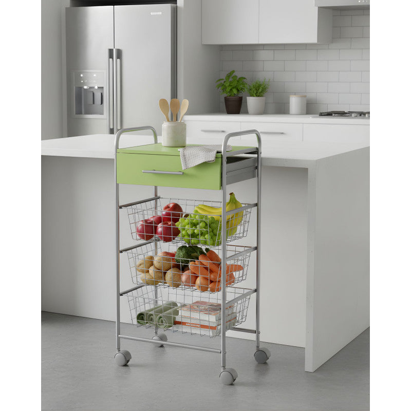 Desserte de cuisine alesia pistache – 3 paniers, tiroir et plateau d