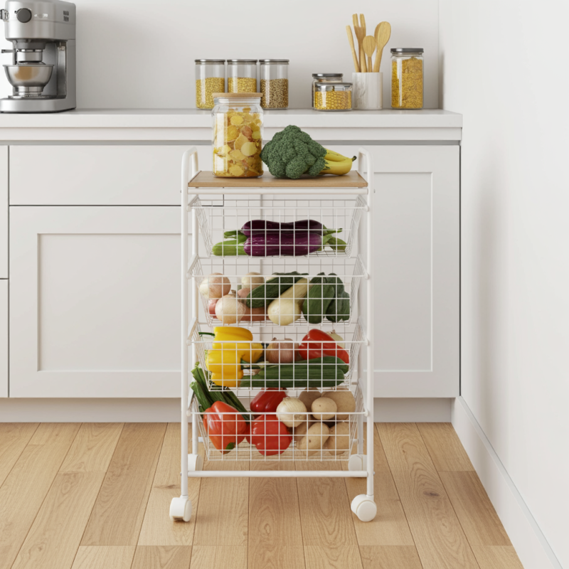 Desserte de cuisine, 4 paniers, plan de travail couleur bouleau texturé avec effet latté, nora Don Hierro - Mathon - 7