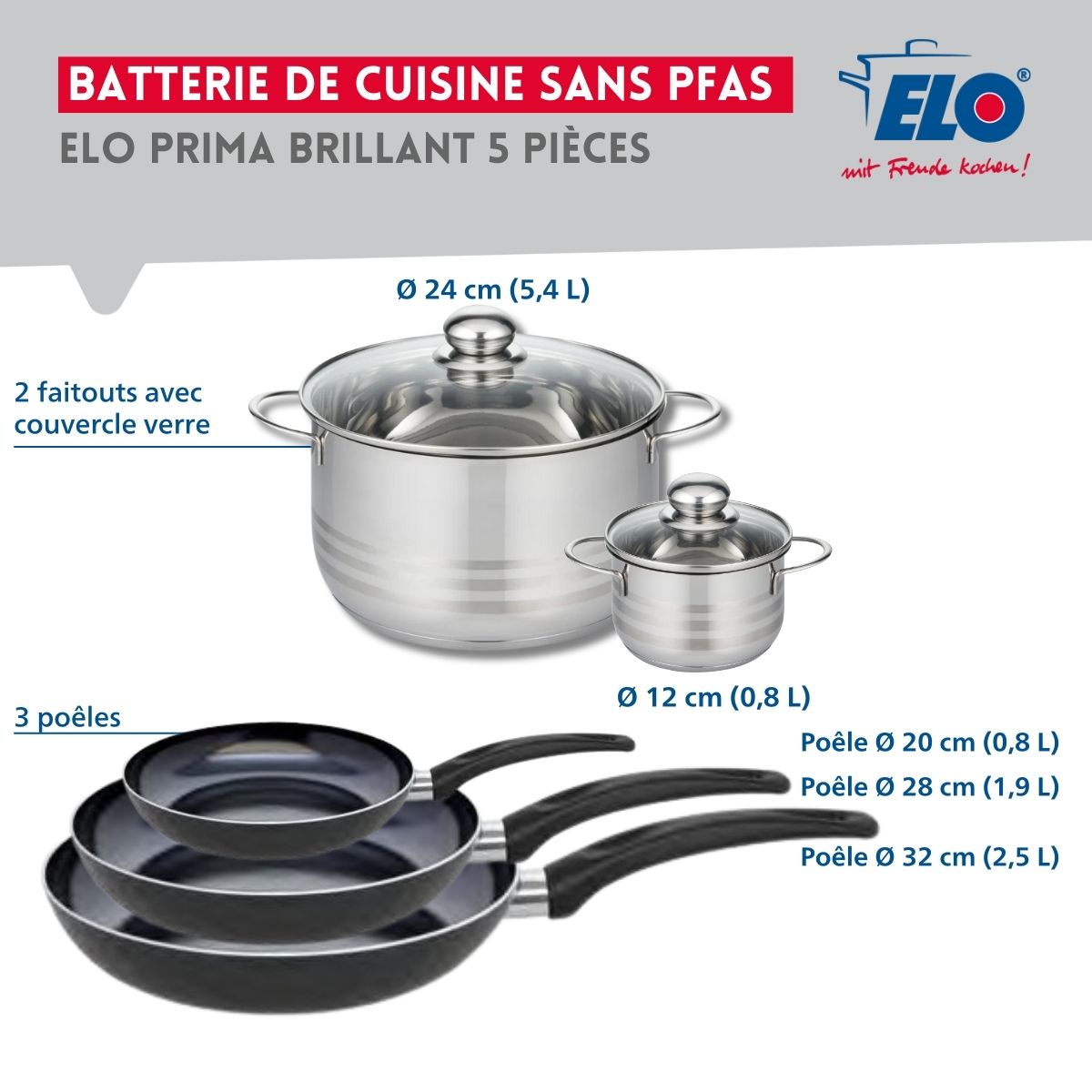 Ensemble de 3 Poêles de cuisson 20, 28 et 32 cm et 2 faitouts 12 et 24 cm  Prima Brillant Elo - Mathon - 2