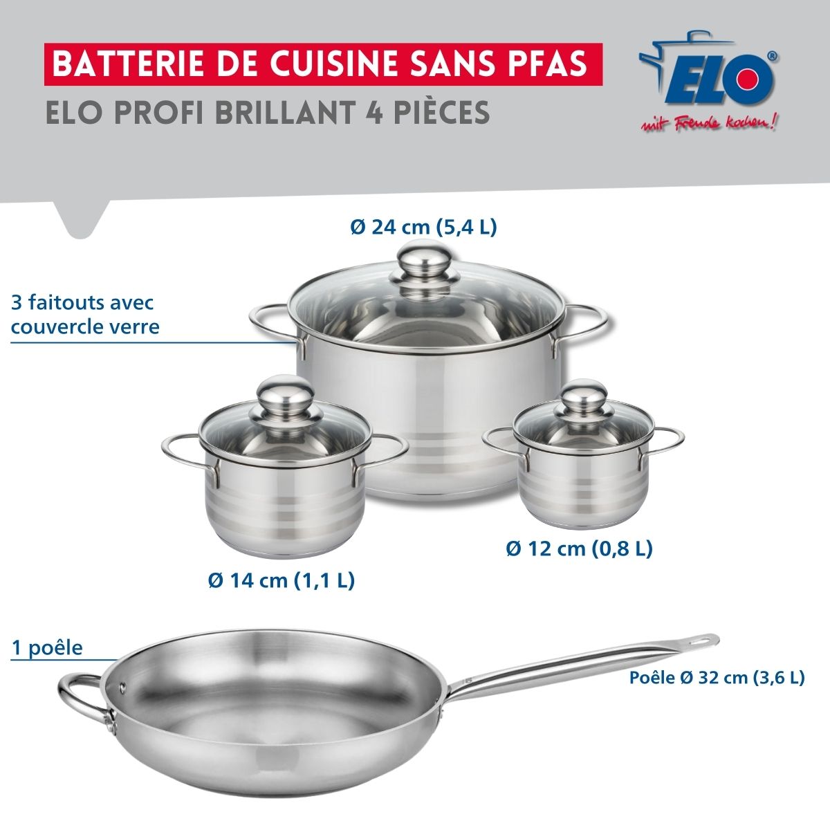 Ensemble de 1 Poêle de cuisson 32 cm et 3 faitouts 12, 14 et 24 cm  Profi Brillant Elo - Mathon - 2
