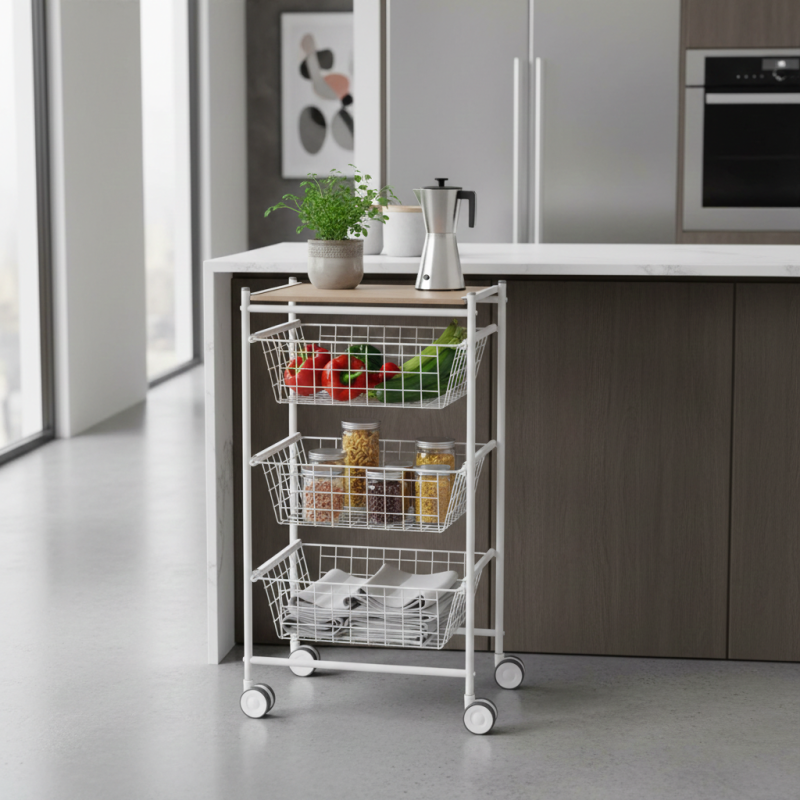 Desserte de cuisine axo, 3 grands paniers coulissants, blanc-hêtre Don Hierro - Mathon - 2