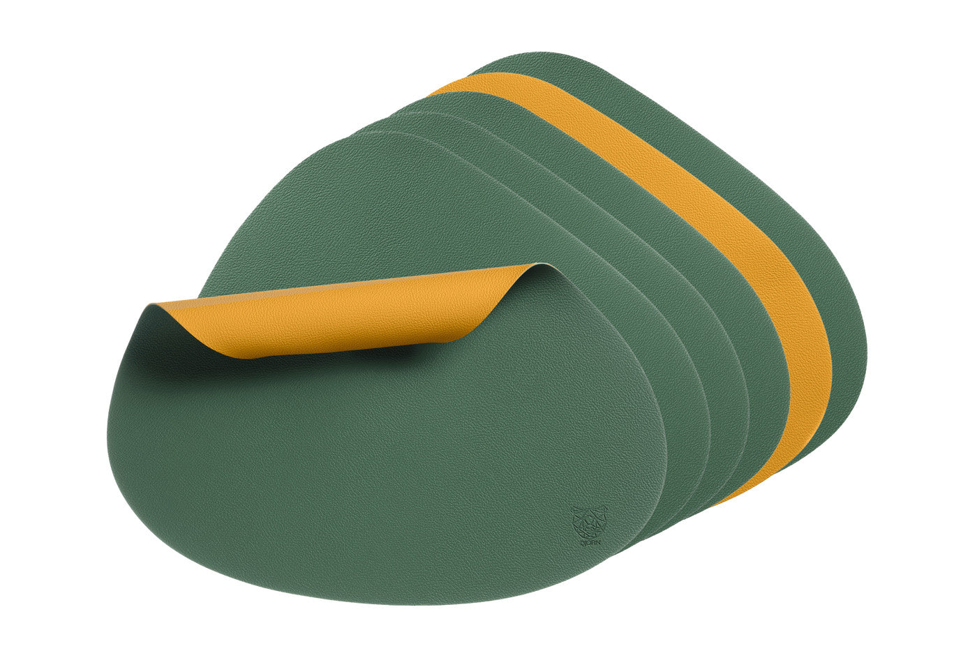 Set de table curve réversible - 6 pièces - Cuir recyclé jaune moutarde et vert sapin Björn - Mathon - 1