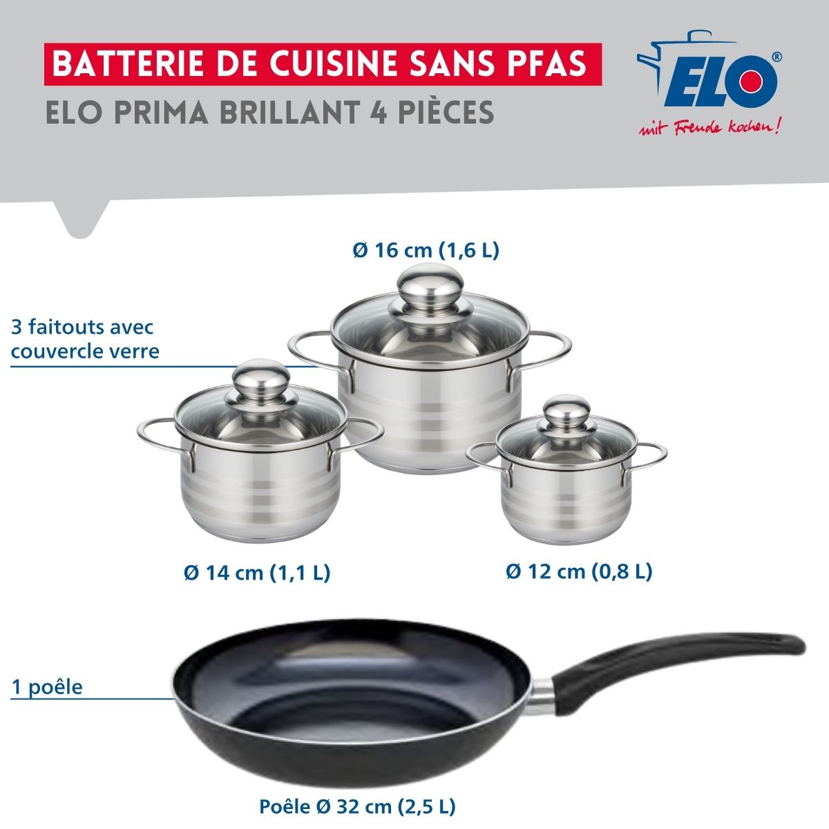 Ensemble de 1 Poêle de cuisson 32 cm et 3 faitouts 12, 14 et 16 cm  Prima Brillant Elo - Mathon - 2