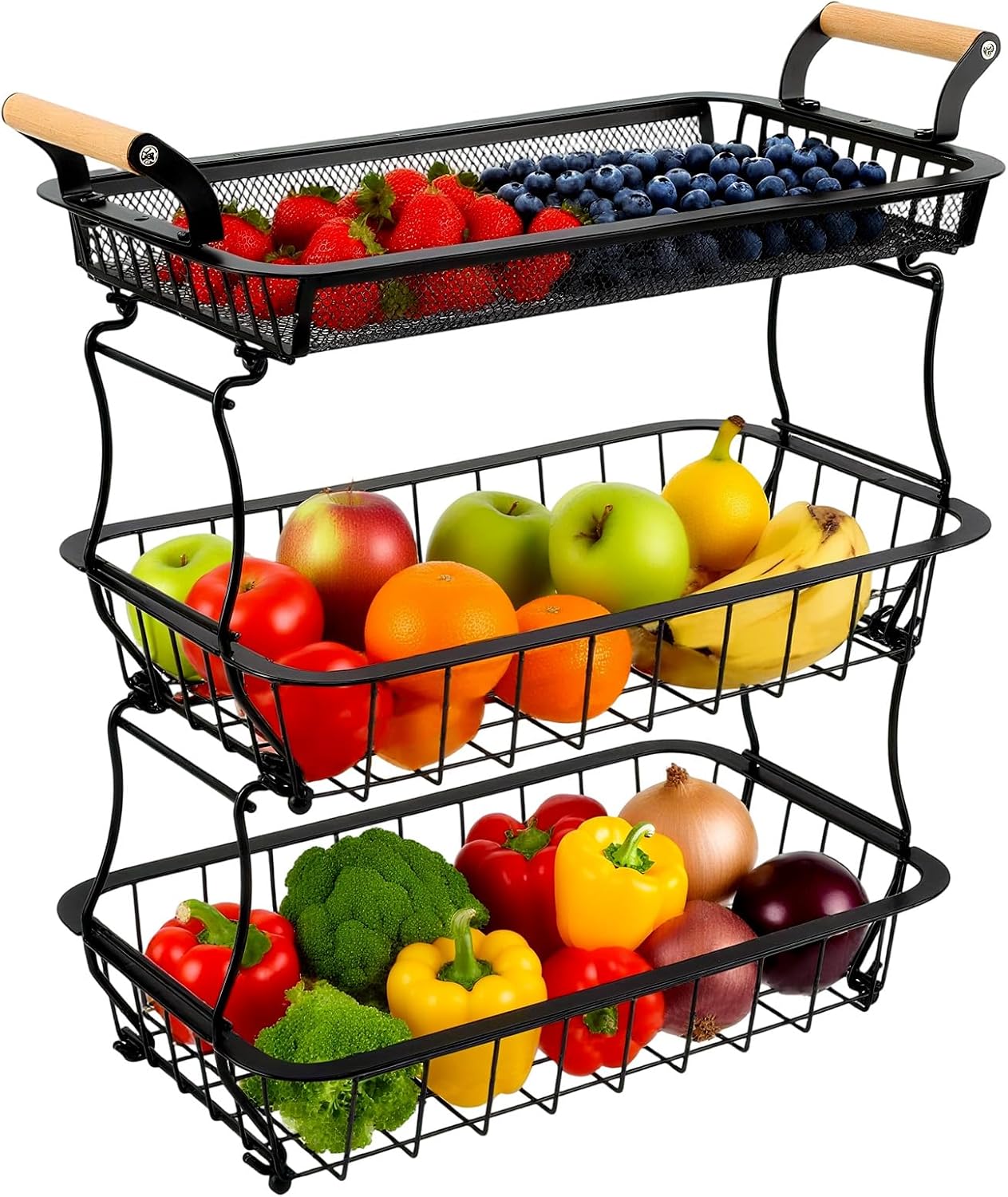 Panier à Fruits 3 Étages avec Crochets et Poignées Bois Vendos85 - Mathon