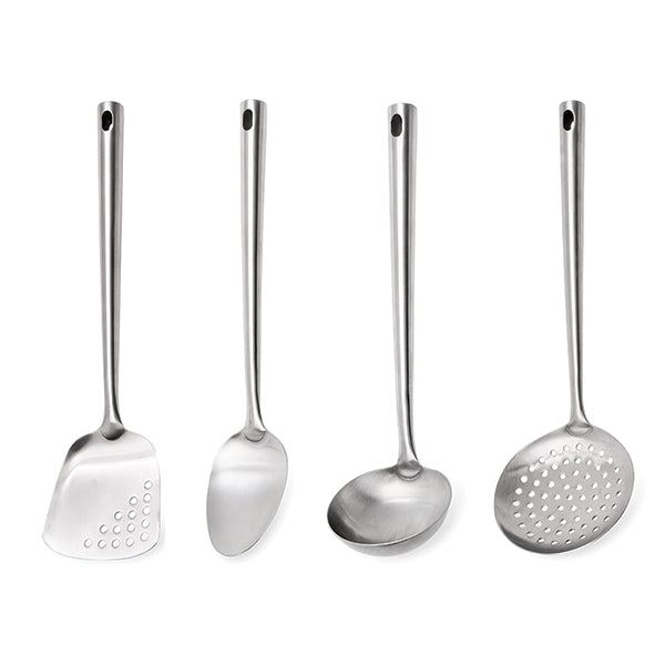Lot de 4 ustensiles avec louche, cuillère, spatule, écumoire et d’un fouet magique à spirale 30 cm en inox Mathon - Mathon - 3