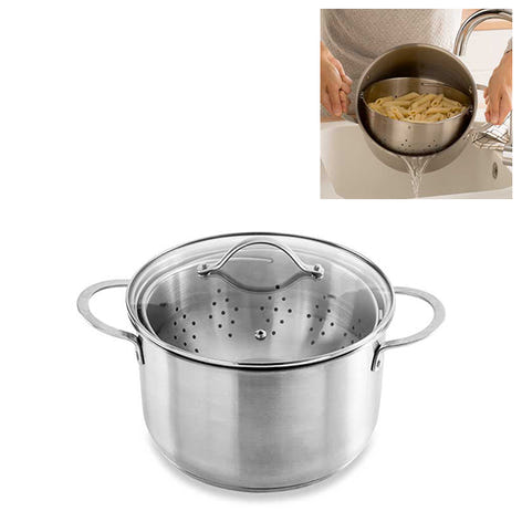 Faitout multifonction cuiseur vapeur et cuit pâtes avec panier passoire rotatif en inox et couvercle en verre 24 cm 6,7 L Mathon - Mathon - 1