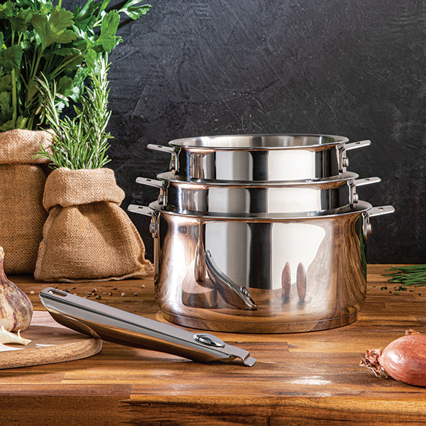 Lot 3 casseroles et 2 poêles inox revêtement antiadhérent céramique Clips’Inox et 2 manches amovibles Mathon - Mathon - 3