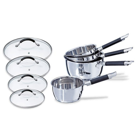 Lot 4 casseroles inox Rapid Cook 14, 16, 18 et 20 cm et 4 couvercles en verre Mathon - Mathon - 1