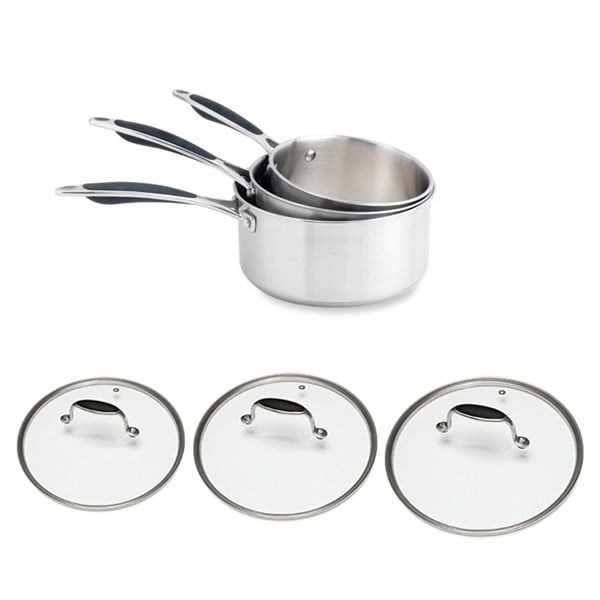Lot 3 casseroles et couvercles inox et verre Excell
