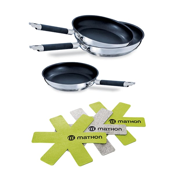 Lot 3 poêles inox anti-adhérentes Rapid Cook 20, 24 et 28 cm et 3 feutrines Mathon - Mathon - 1