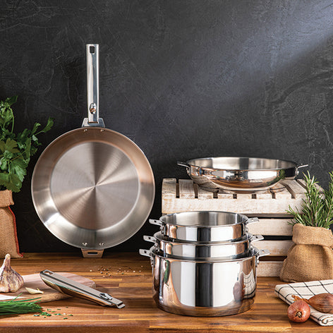 Lot 3 casseroles et 2 poêles tout inox Clips’Inox et 2 manches amovibles Mathon - Mathon - 2