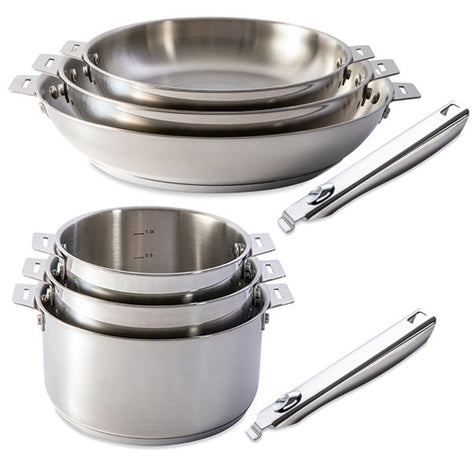 Lot 3 casseroles et 3 poêles tout inox Clips’Inox et 2 manches amovibles Mathon - Mathon - 1