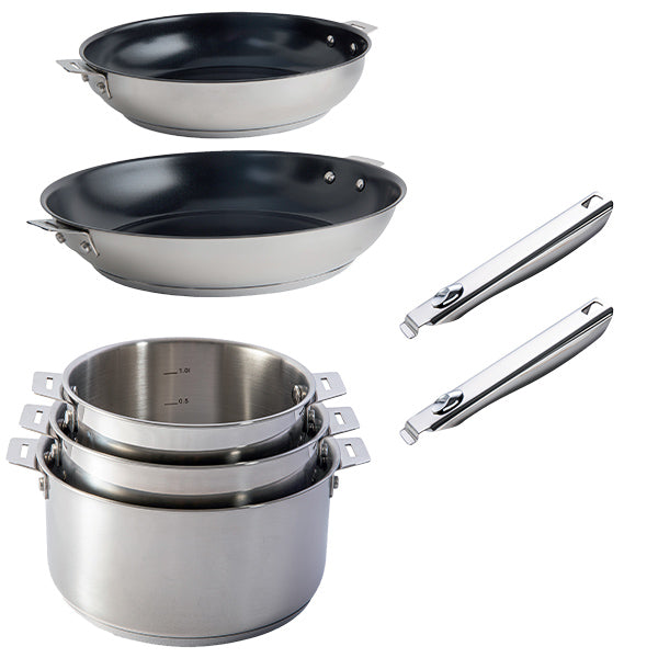 Lot 3 casseroles et 2 poêles inox revêtement antiadhérent céramique Clips’Inox et 2 manches amovibles Mathon - Mathon - 1