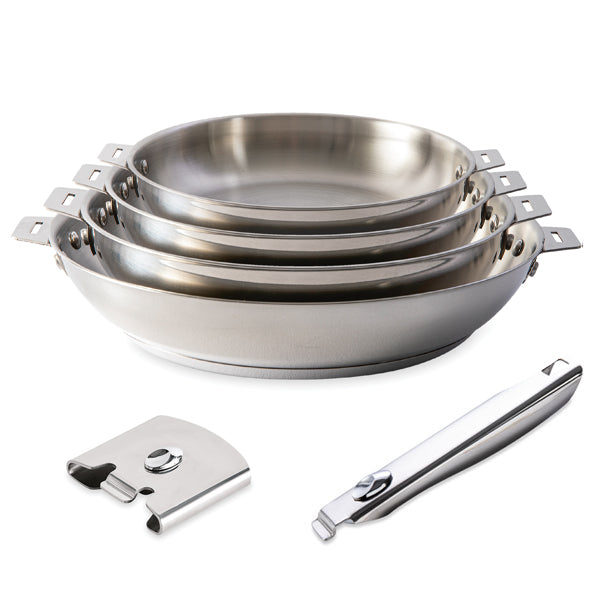 Lot 4 poêles tout inox Clips’Inox 20, 24, 28 et 32 cm avec manche et anse amovibles Mathon - Mathon - 1