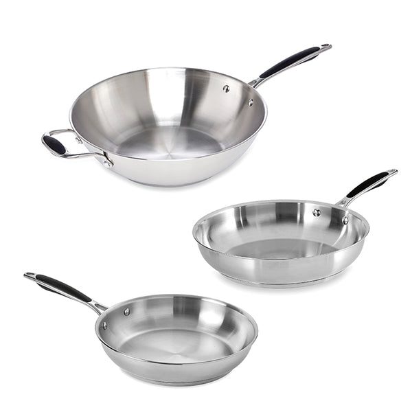 Lot 2 poêles tout inox 24 et 28 cm et wok tout inox 30 cm Excell