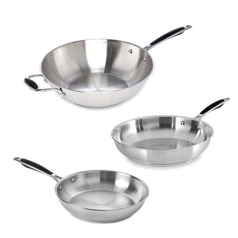 Lot 2 poêles tout inox 24 et 28 cm et wok tout inox 30 cm Excell