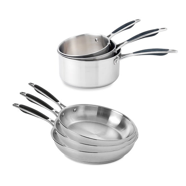 Lot 3 casseroles 16, 18 et 20 cm et 3 poêles 20, 24 et 28 cm tout inox Excell’Inox Mathon - Mathon - 1