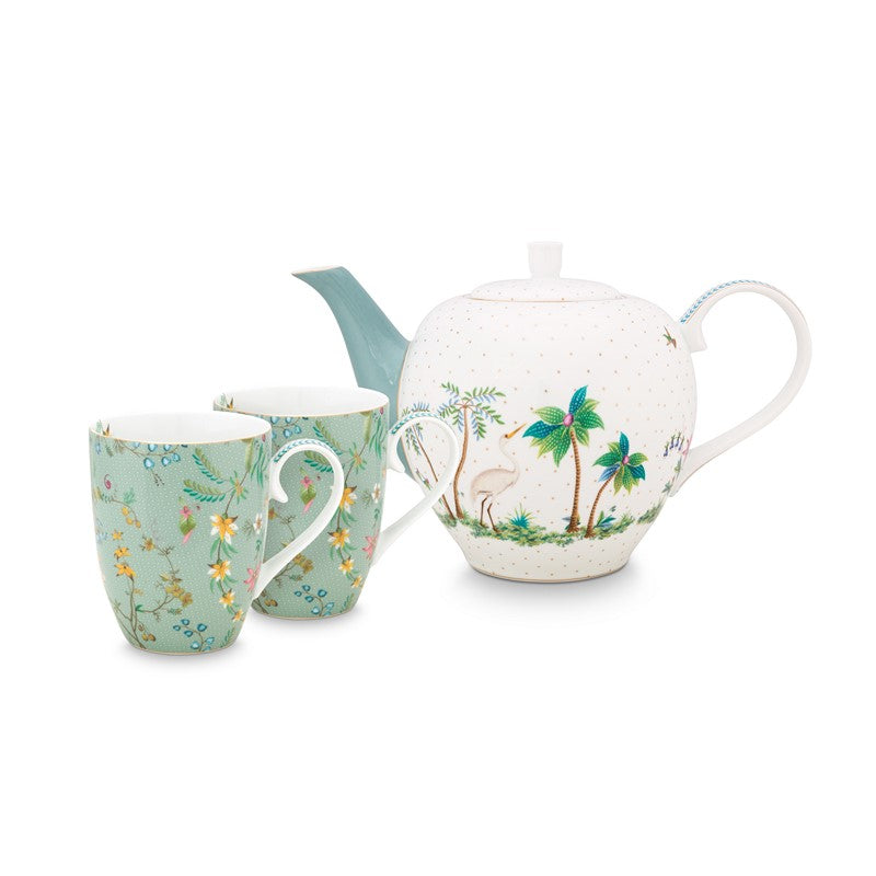 Coffret service à thé 2 grands mugs 350ml & théière 1,6L fleurs Jolie Pip Studio - Mathon